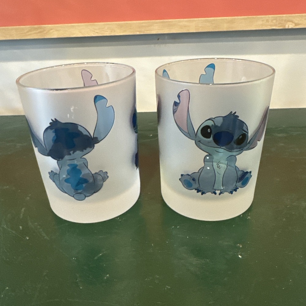 2 Disney Stitch Clear Frosted Drinking Glass 4"